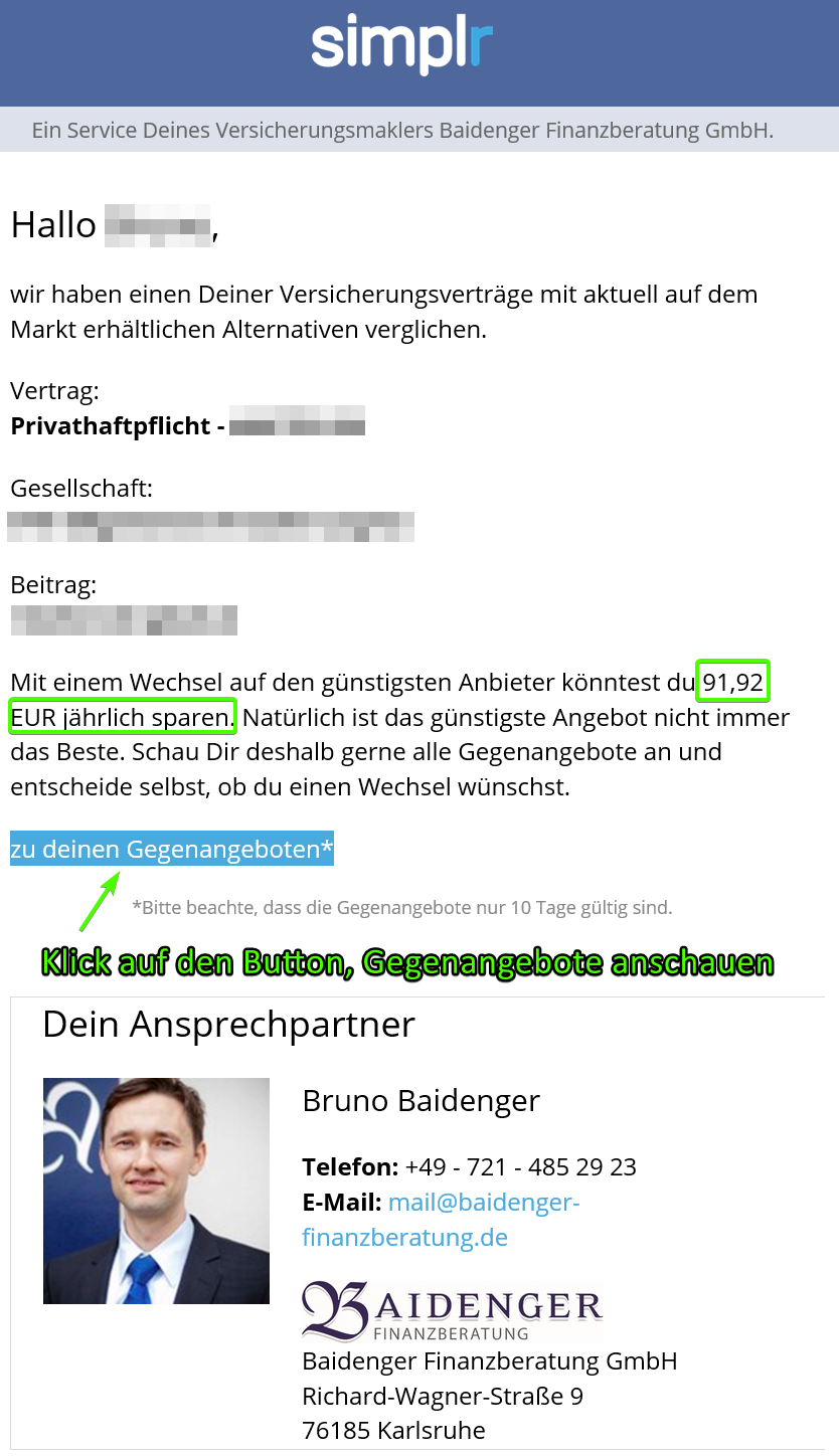 E-Mail-Benachrichtigung Gegenangebote simplr unabhängiger Versicherungsmakler in Karlsruhe