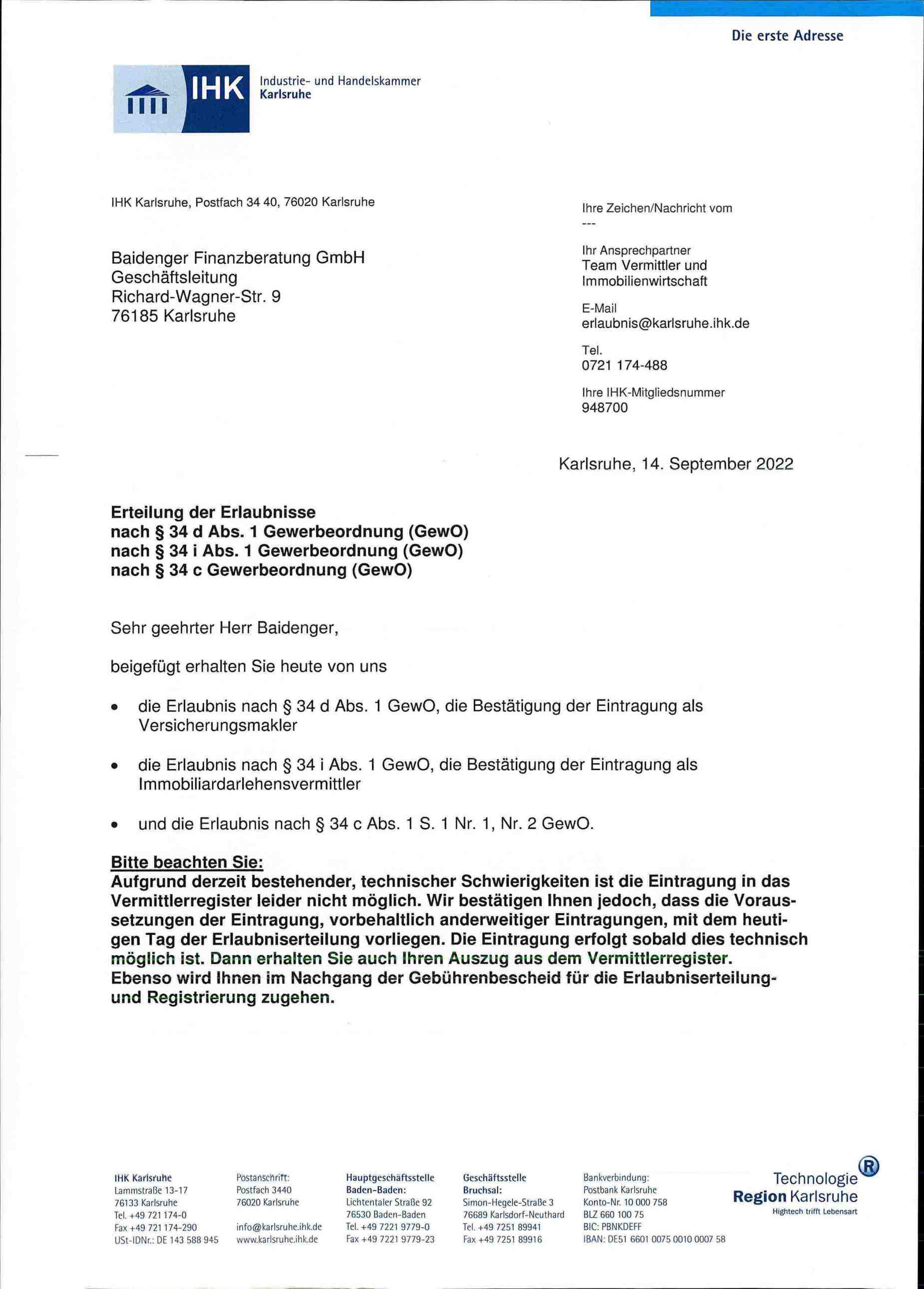 Urkunde Versicherungsmakler & Finanzberater in Karlsruhe"