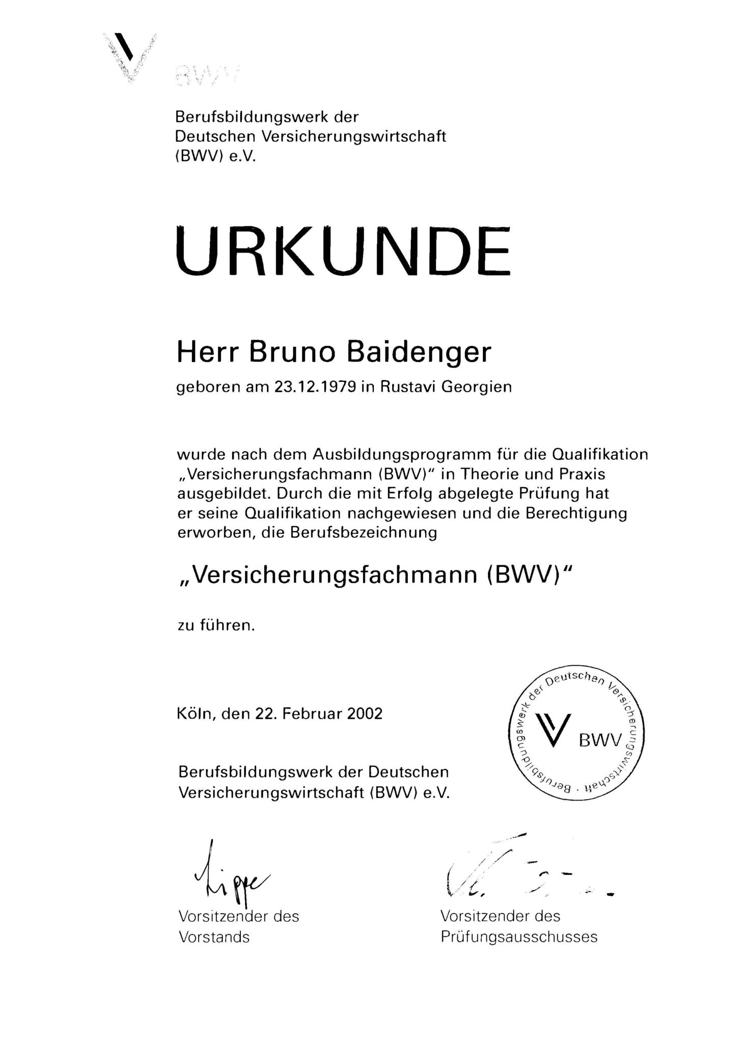 Urkunde Versicherungsfachmman (BWV), Finanzberater & Versicherungsmakler in Karlsruhe"
