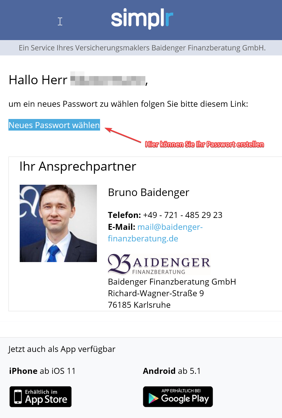neues Passwort wählen Neukundenregistrierung simplr Versicherungsmakler in Karlsruhe